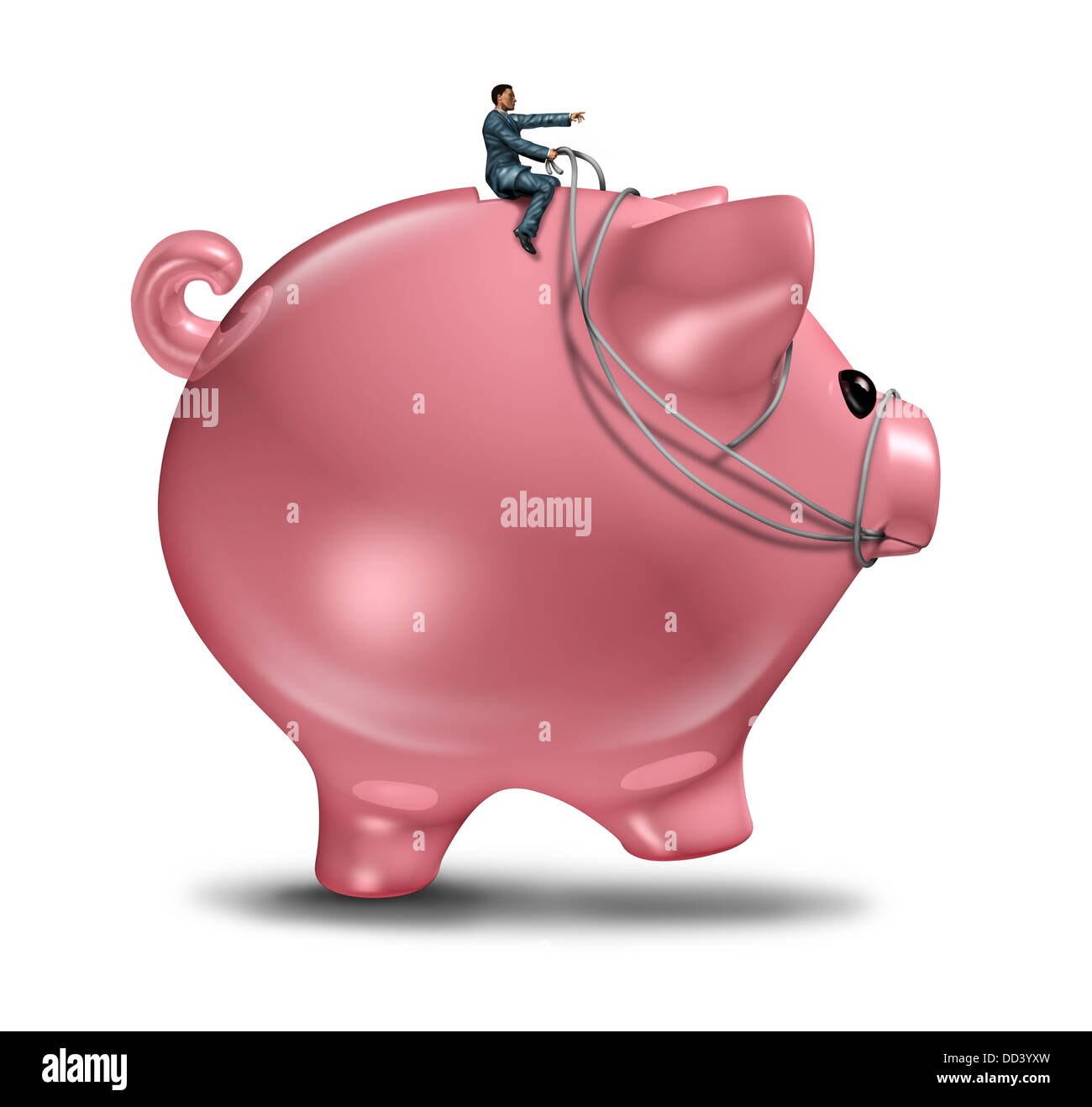 Gestione finanziaria e della ricchezza business consulting nozione come un imprenditore su un salvadanaio indossando un cablaggio di equitazione e il controllo della direzione del bilancio dei risparmi e i soldi investiti per il benessere futuro successo. Foto Stock
