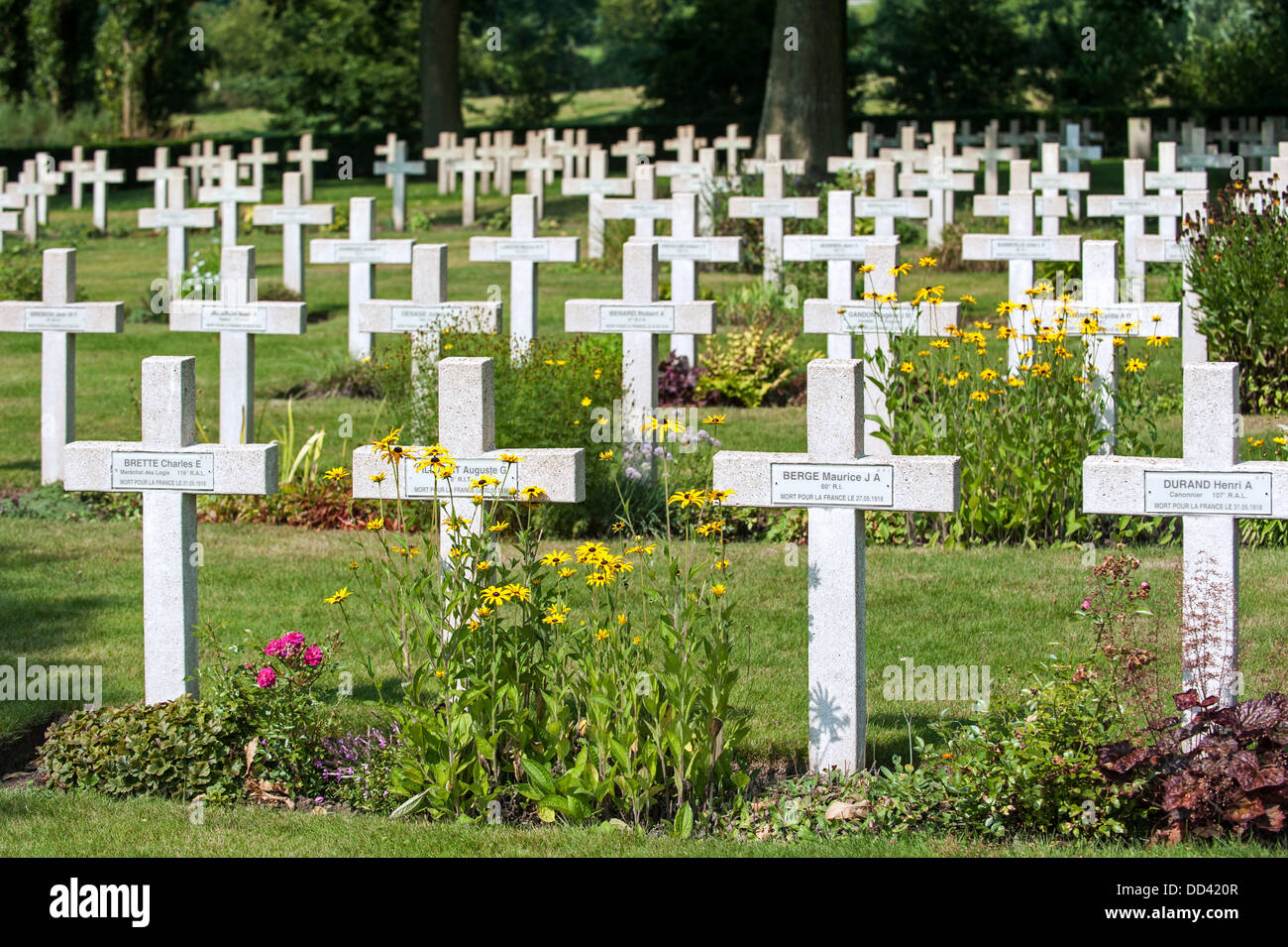 WW1 croci della Prima Guerra Mondiale uno francese graves al Lijssenthoek Cimitero Militare, Poperinge, Fiandre Occidentali, Belgio Foto Stock