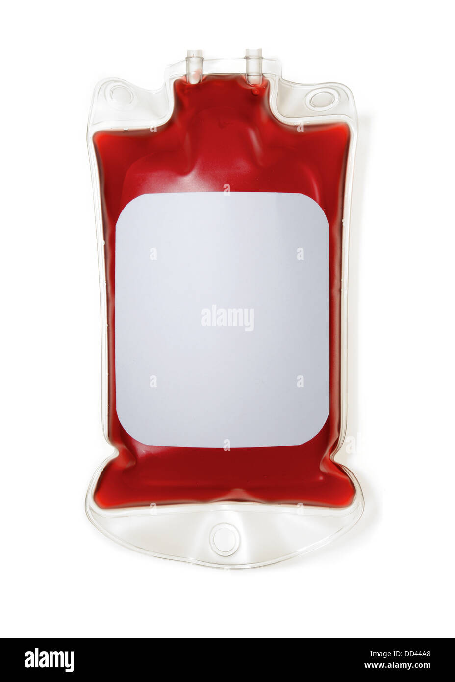 Un grande Medico Ospedale Sacco riempito con sangue umano. La parte anteriore del sacchetto viene mostrato con un bianco white label. Foto Stock