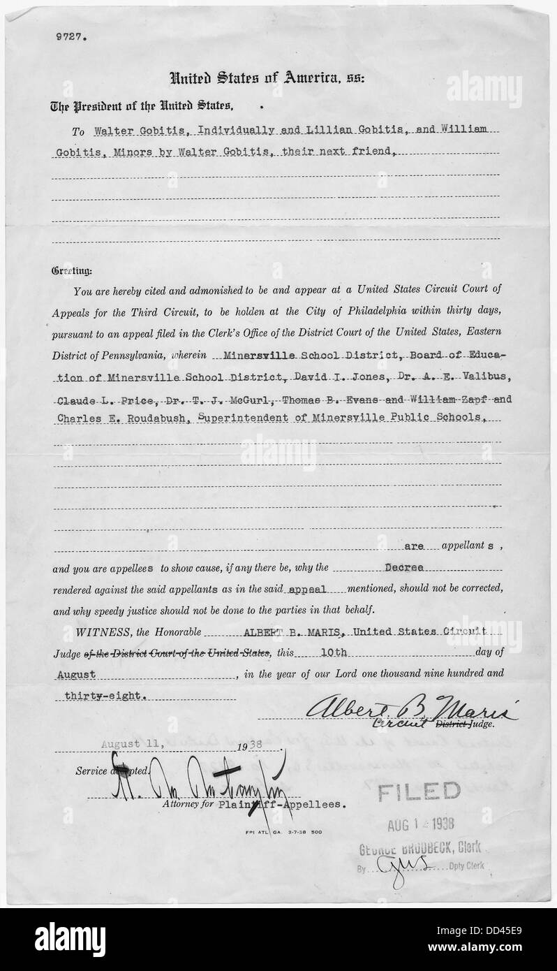 Il mandato di comparizione per appello presentato nel caso Gobitis si riferisce a un documento legale in un caso fondamentale della Corte Suprema degli Stati Uniti che prevede il rifiuto di salutare la bandiera americana sulla base delle credenze religiose. Il caso ha contestato i diritti del primo emendamento durante gli anni '1940 Foto Stock
