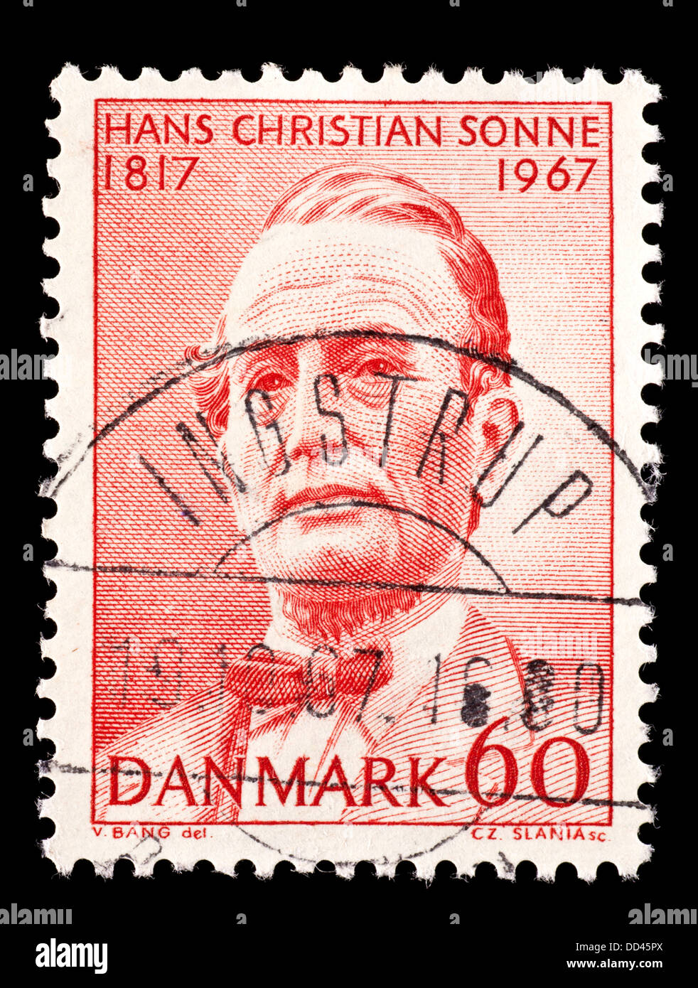 Francobollo dalla Danimarca raffiguranti Hans Christian Sonne, pioniere nel movimento cooperativo in Danimarca. Foto Stock