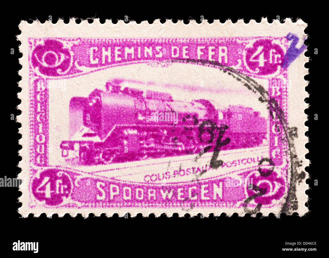 Posta-pacchi timbro dal Belgio raffigurante una locomotiva a vapore. Foto Stock