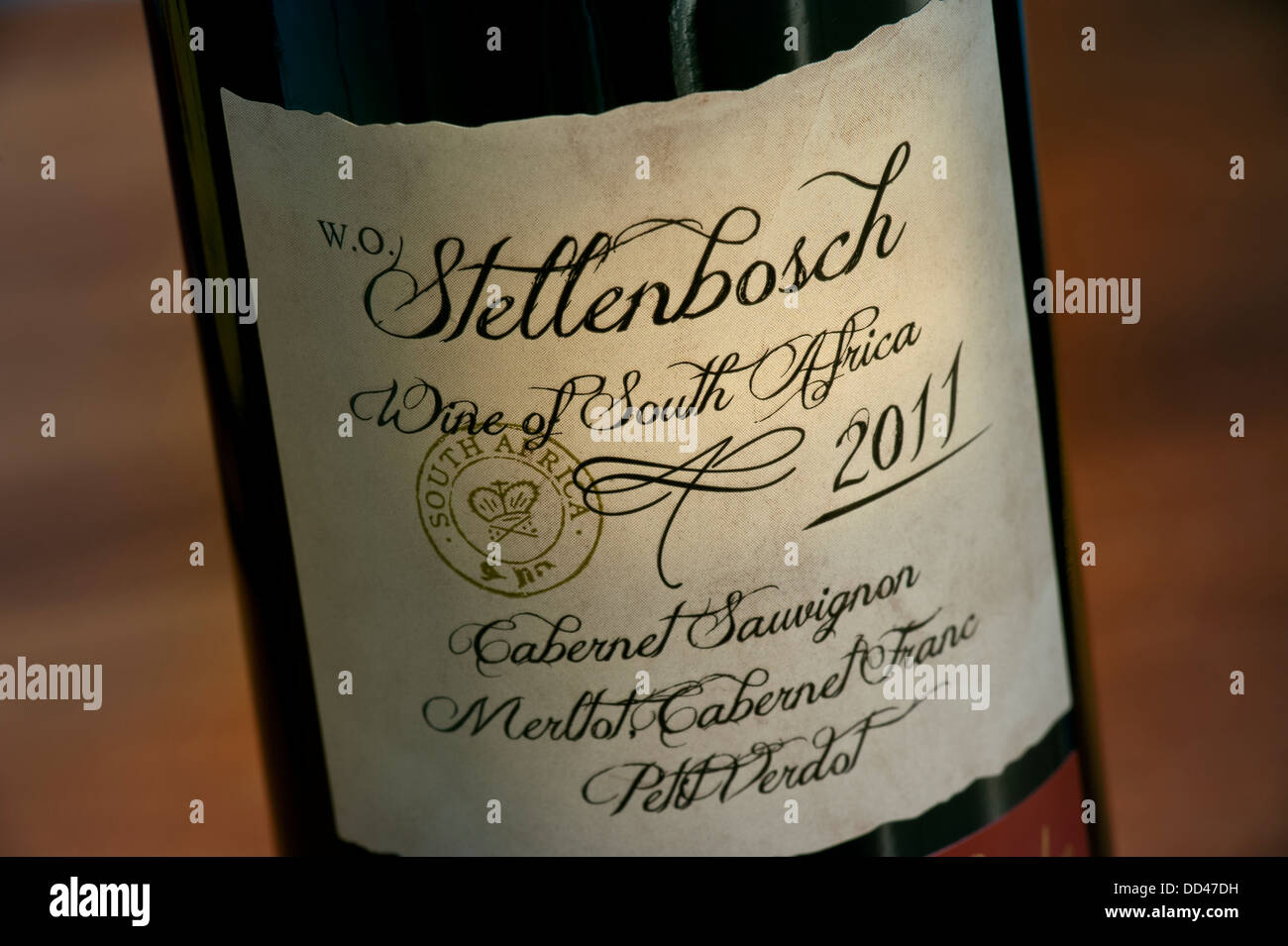 Chiudere la vista su 2011 Sud Africa Stellenbosch vino rosso etichetta del flacone Foto Stock