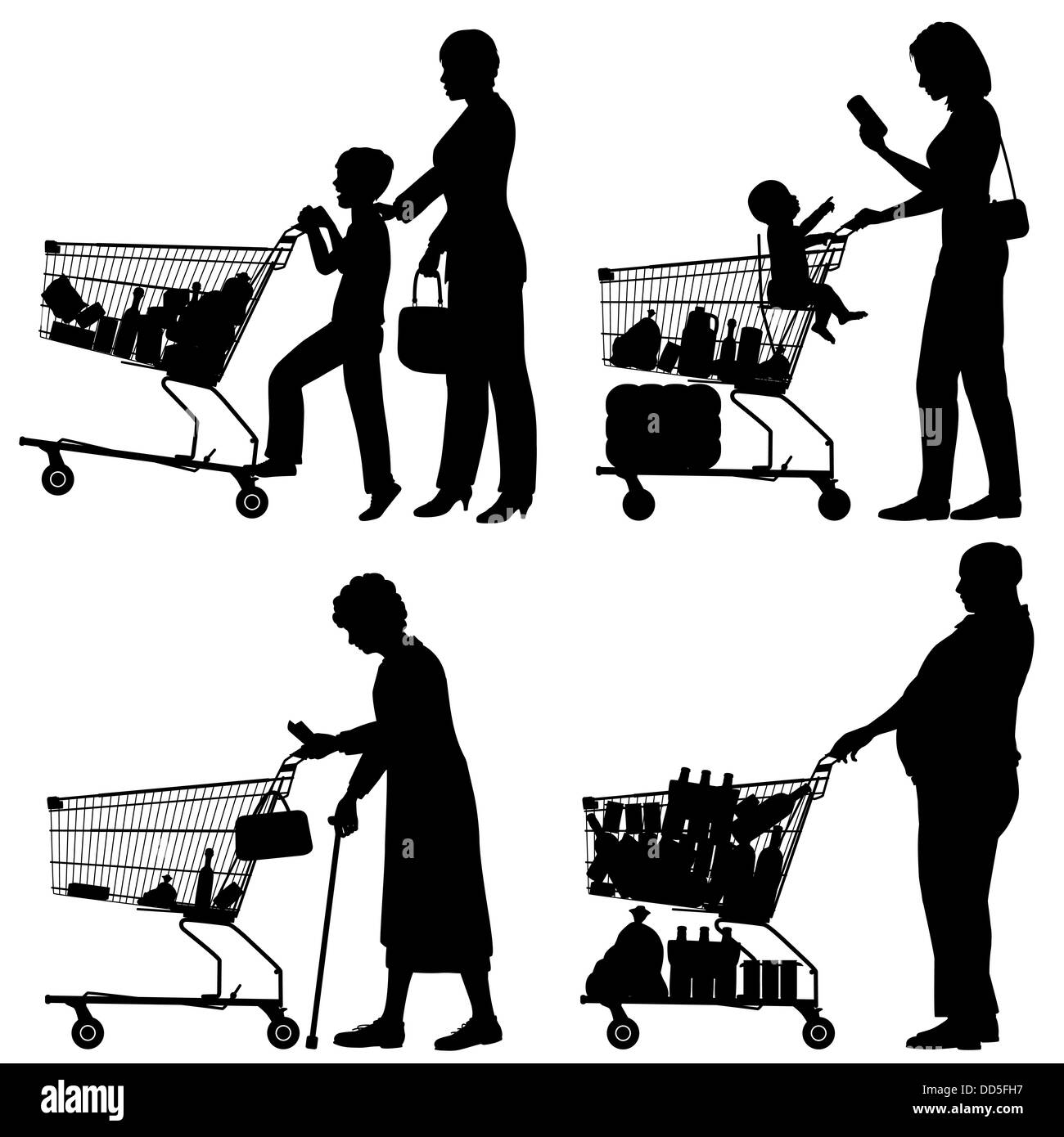 Illustrate i contorni delle persone e il loro supermercato carrelli di shopping Foto Stock