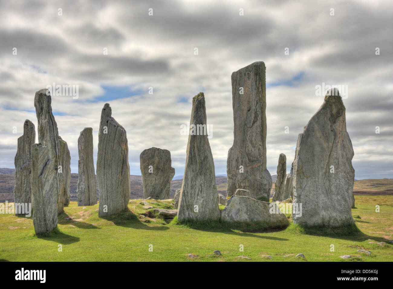 Preistoria Callanish Standing Stone Circle a Callanish sull'isola di Lewis nelle Ebridi Esterne, Scotland, Regno Unito. Foto Stock