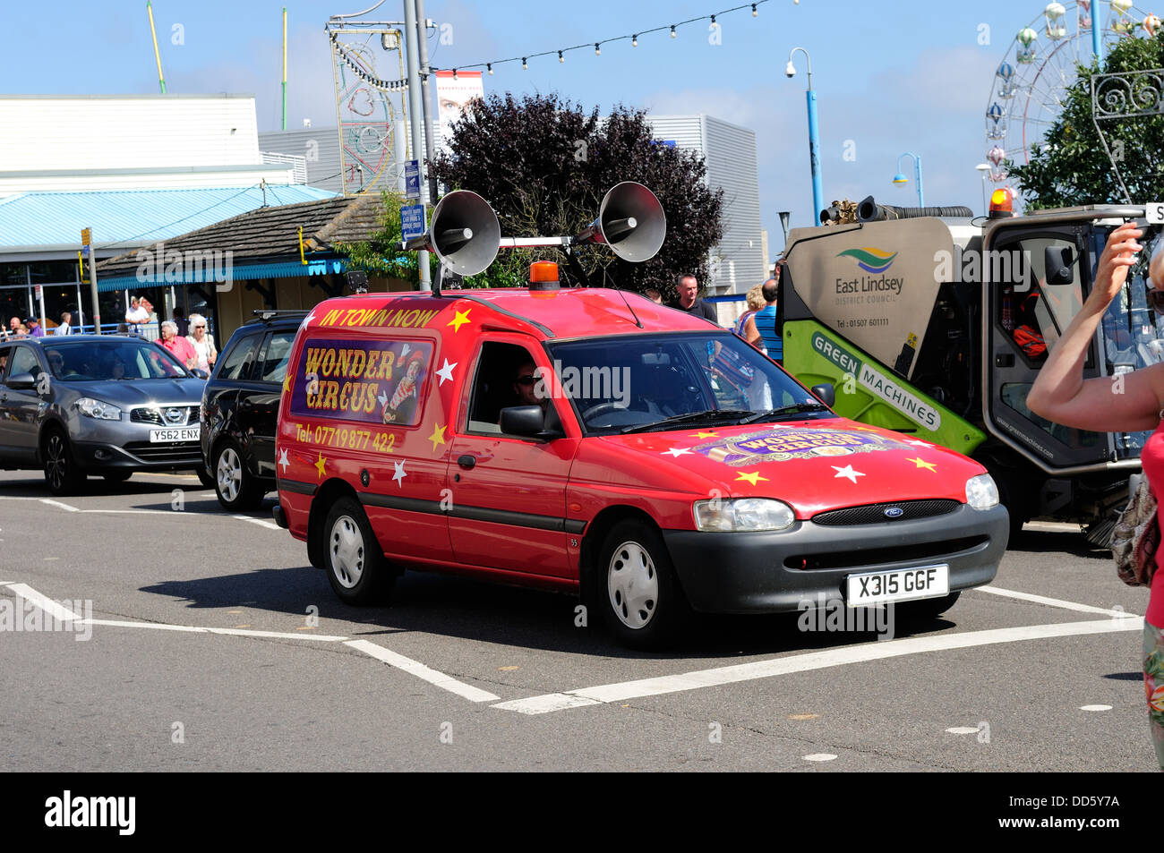 Skegness,lincolnshire.East Coast Seaside Resort.Circus Van promozione. Foto Stock