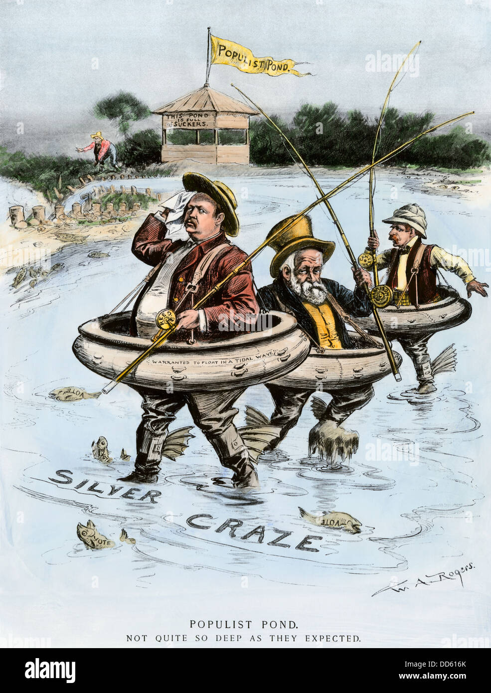 Laghetto populista non è così profondo come previsto, un cartoon circa il 'Silver Craze' essiccazione fino, 1890s. Colorate a mano i mezzitoni di W.A. Rogers cartoon Foto Stock