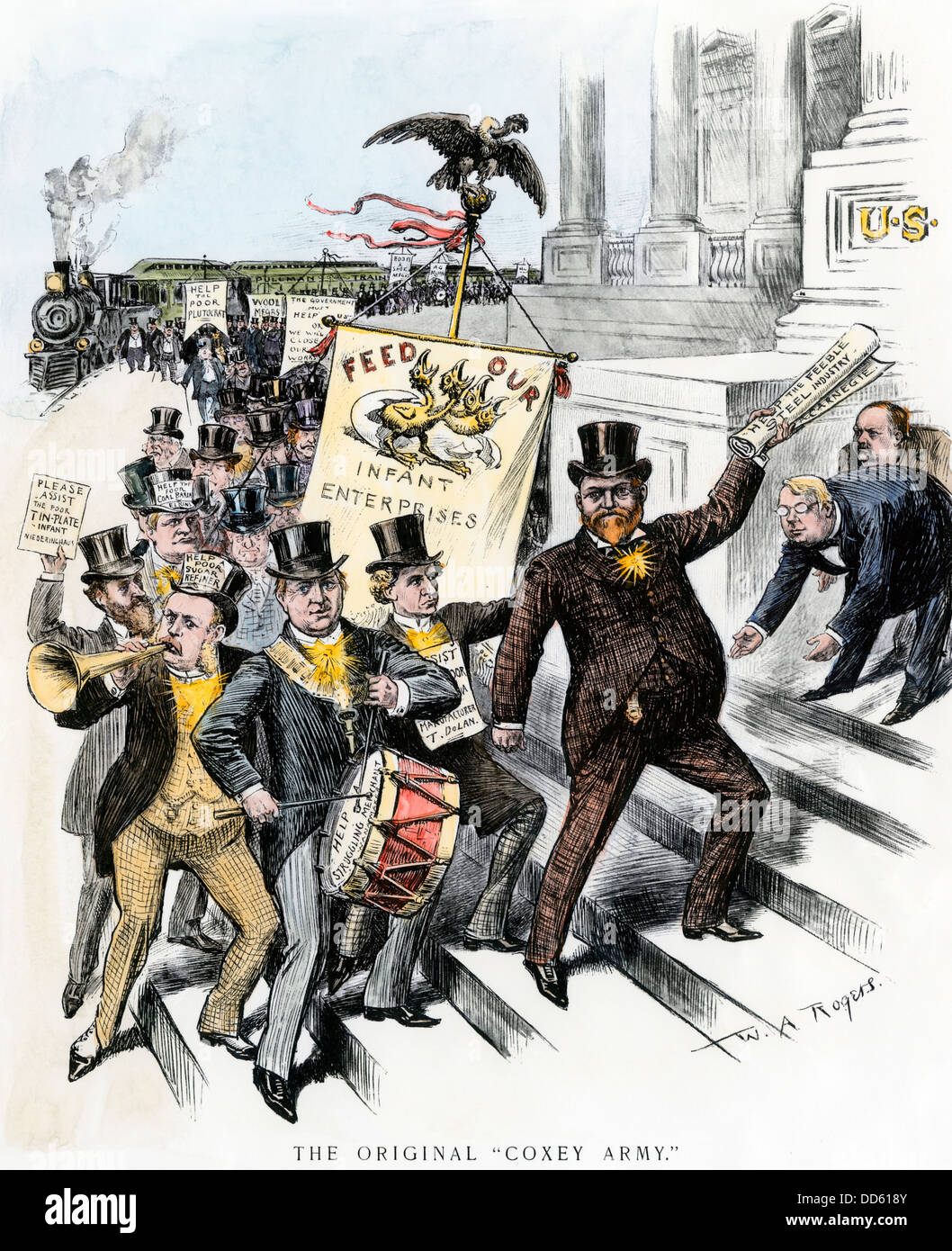 Capitalisti trattati favorevolmente dal governo, in contrasto al Coxey dell'esercito di manodopera del marzo, 1890s. Colorate a mano la xilografia di W.A. Rogers cartoon Foto Stock