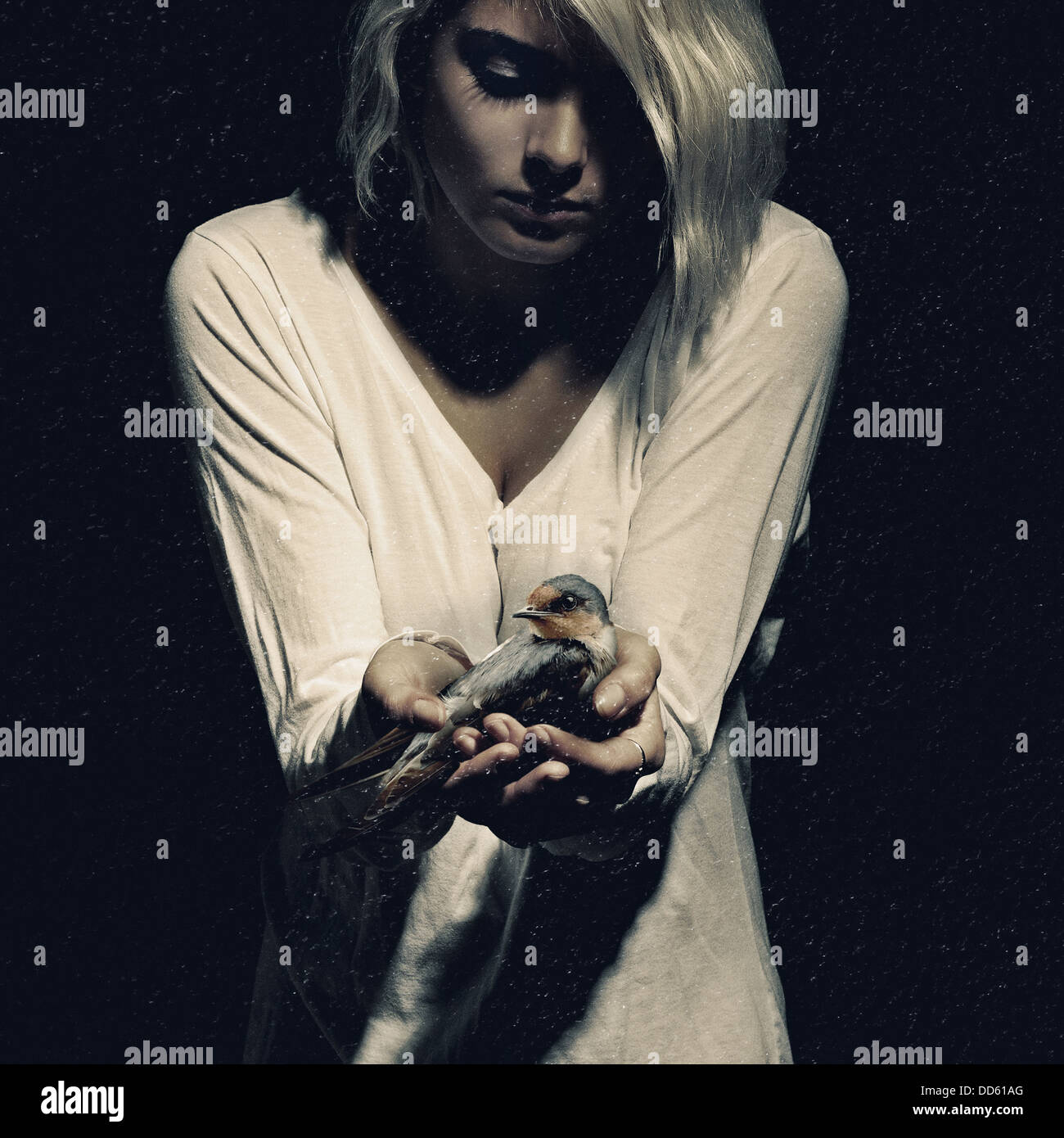 Giovane donna holding bird in mani Foto Stock