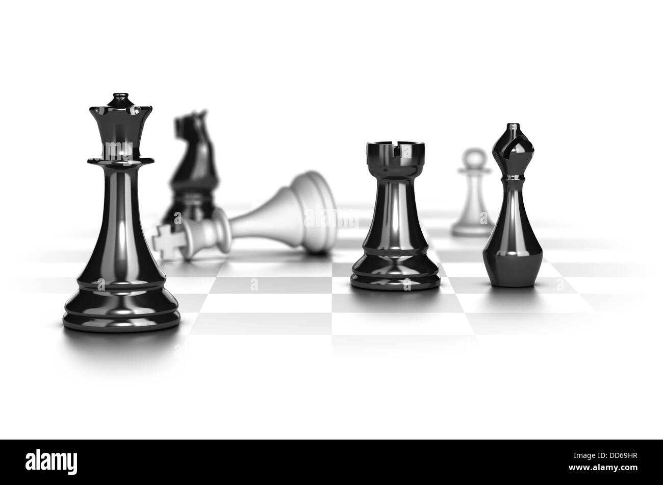 Partita a scacchi con il re bianco in scacco matto su sfondo bianco, immagine concettuale idoneo per la strategia aziendale. Foto Stock