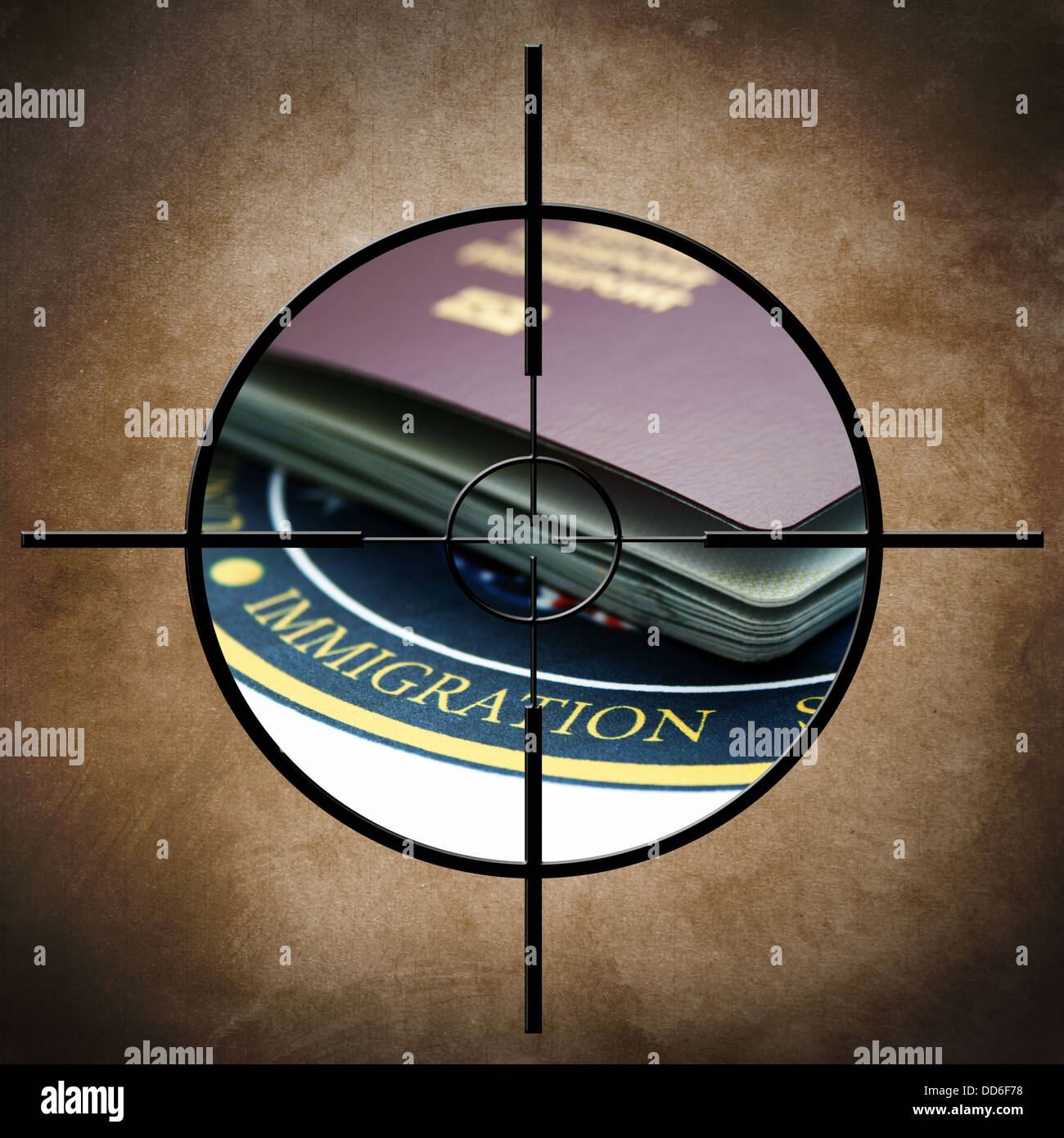 Testo di immigrazione in target Foto Stock