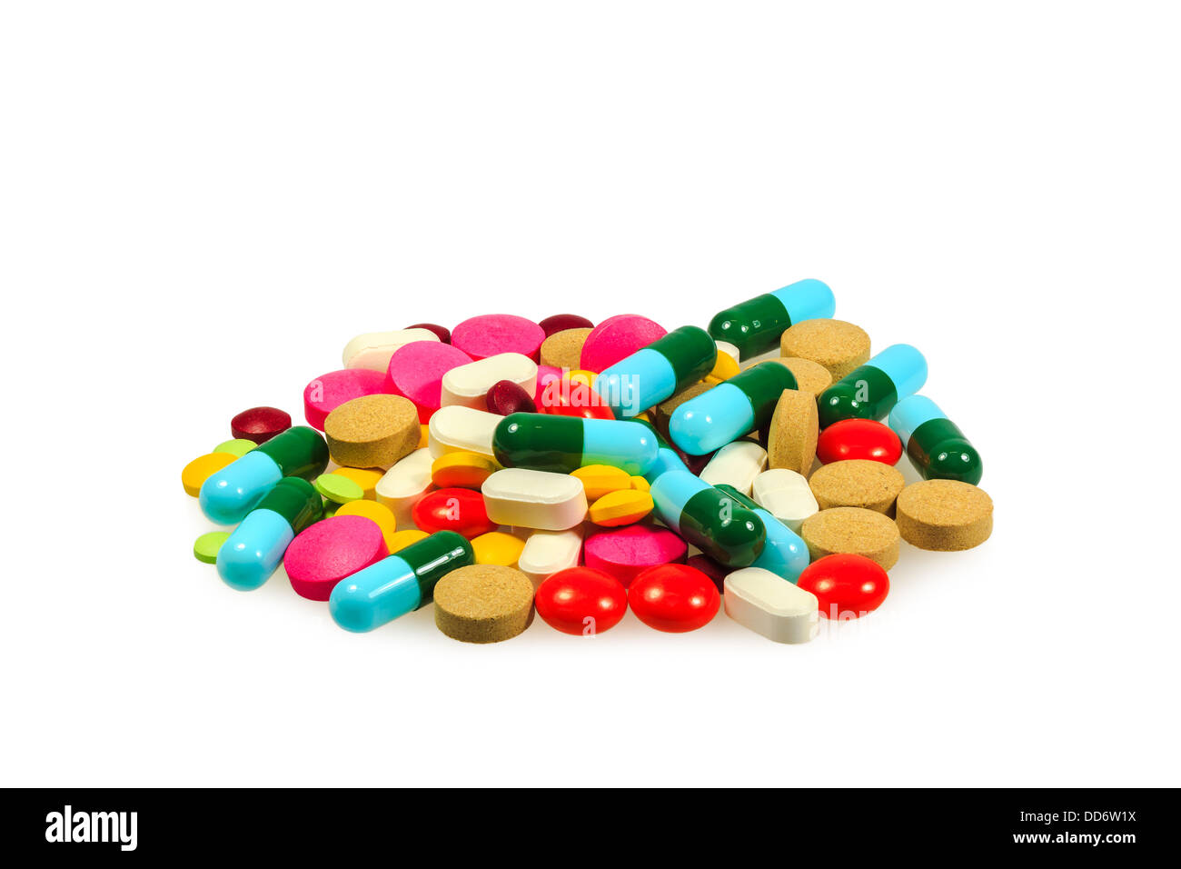 Un mucchio di varie pillole su sfondo bianco Foto Stock