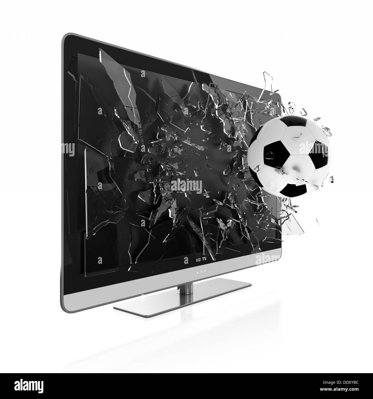 3D illustrazione del pallone da calcio la rottura dello schermo TV. TV stereoscopica. Foto Stock