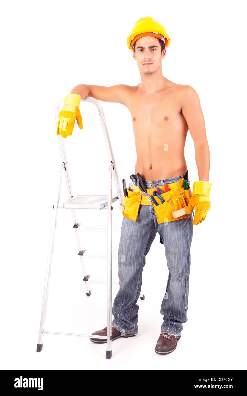 Giovane maschio lavoratore edile, isolato su sfondo bianco Foto Stock