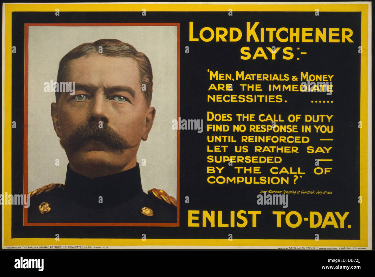 Guerra mondiale 1. Il reclutamento di poster di guerra britannici, Ministro Lord Kitchener e due citazioni da lui. 1915. Foto Stock