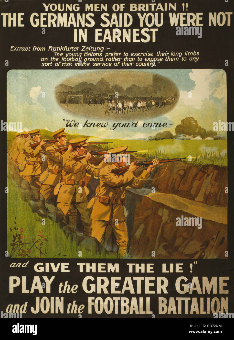 Guerra mondiale 1. British poster di reclutamento rilasciato dall'Ufficio di guerra nel 1915. Confronta il campo di battaglia per un campo sportivo e Foto Stock