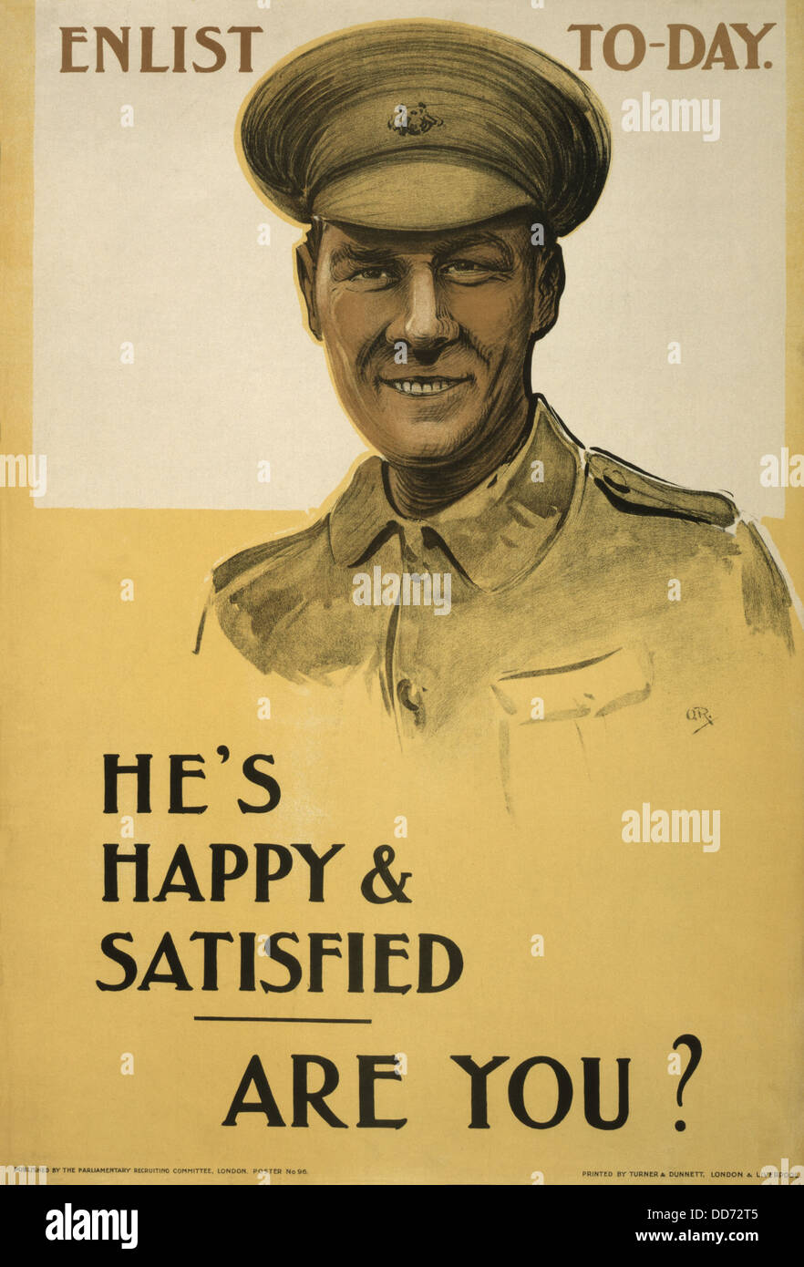 Guerra mondiale 1. 1915 British assunzione poster raffigurante un 'felice e soddisfatto' soldato. Le sostituzioni sono state necessarie per oltre Foto Stock