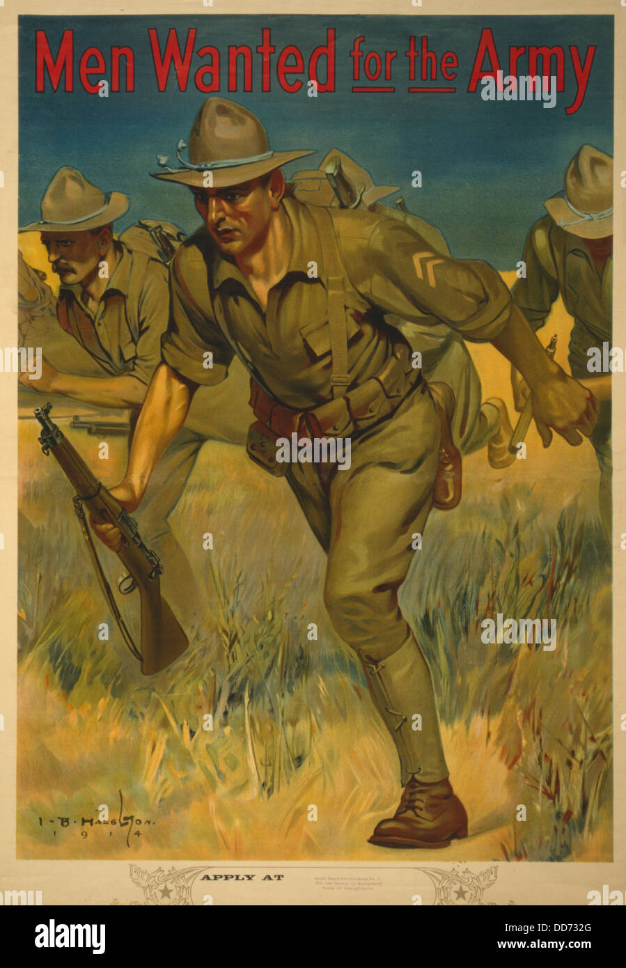 Guerra mondiale 1. Esercito Americano il reclutamento di poster che mostra i soldati con i fucili in carica. Si legge, gli uomini volevano per l'esercito." 1914. Foto Stock