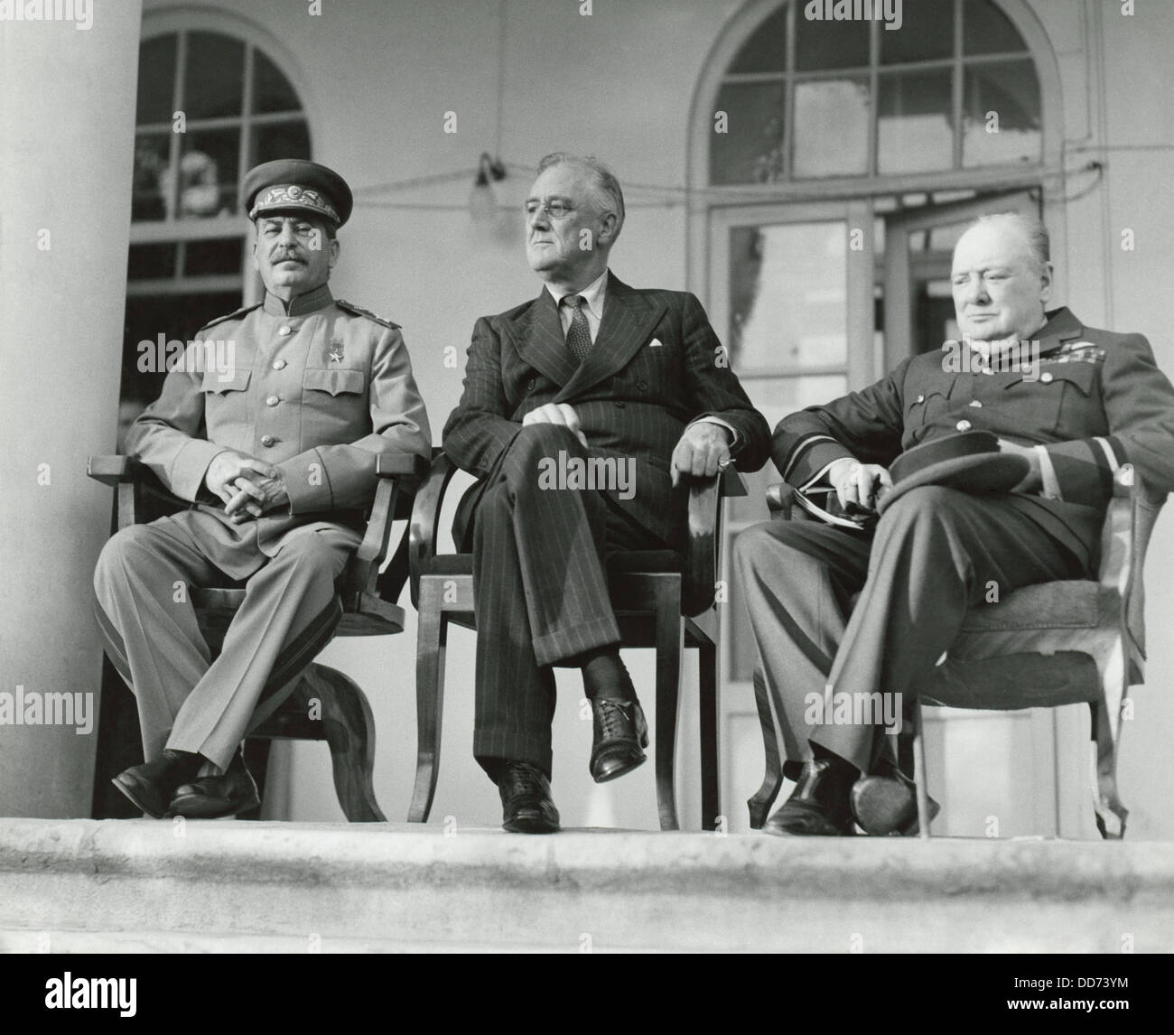 Josef Stalin, Franklin Roosevelt e Winston Churchill all'WW2 Teheran Conferenza. È stata la prima riunione faccia a faccia di Foto Stock