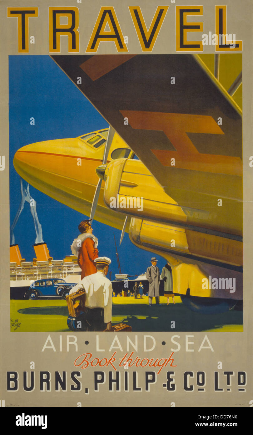 Australian manifesto dice, 'Viaggio-aria, terra, mare. Prenota attraverso Burnes, Filippo & Co. Ltd.' il poster raffigura una donna, un bagaglio Foto Stock