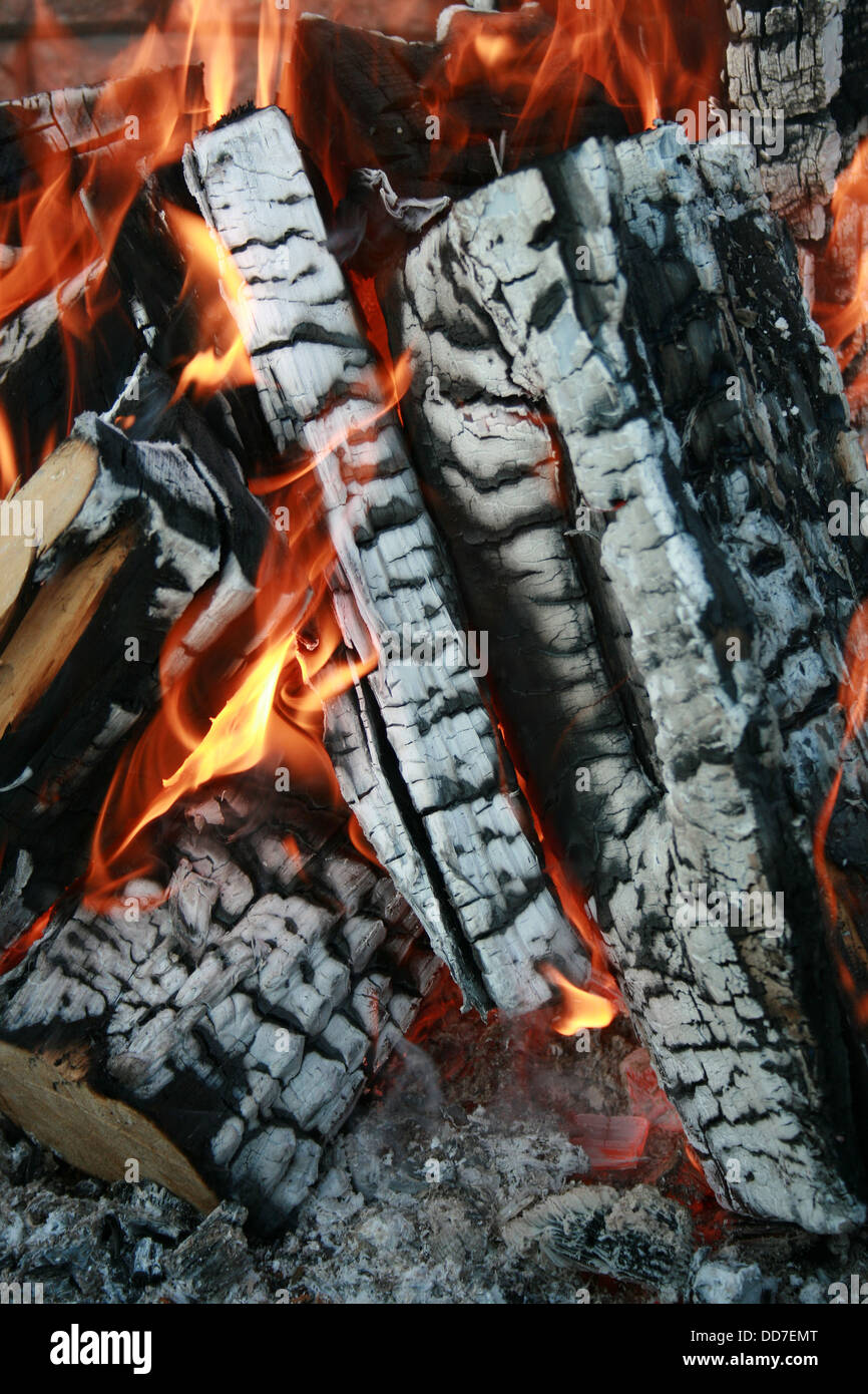 Fiamme sul legno carbonizzati in un accampamento di Altona, Manitoba, Canada Foto Stock