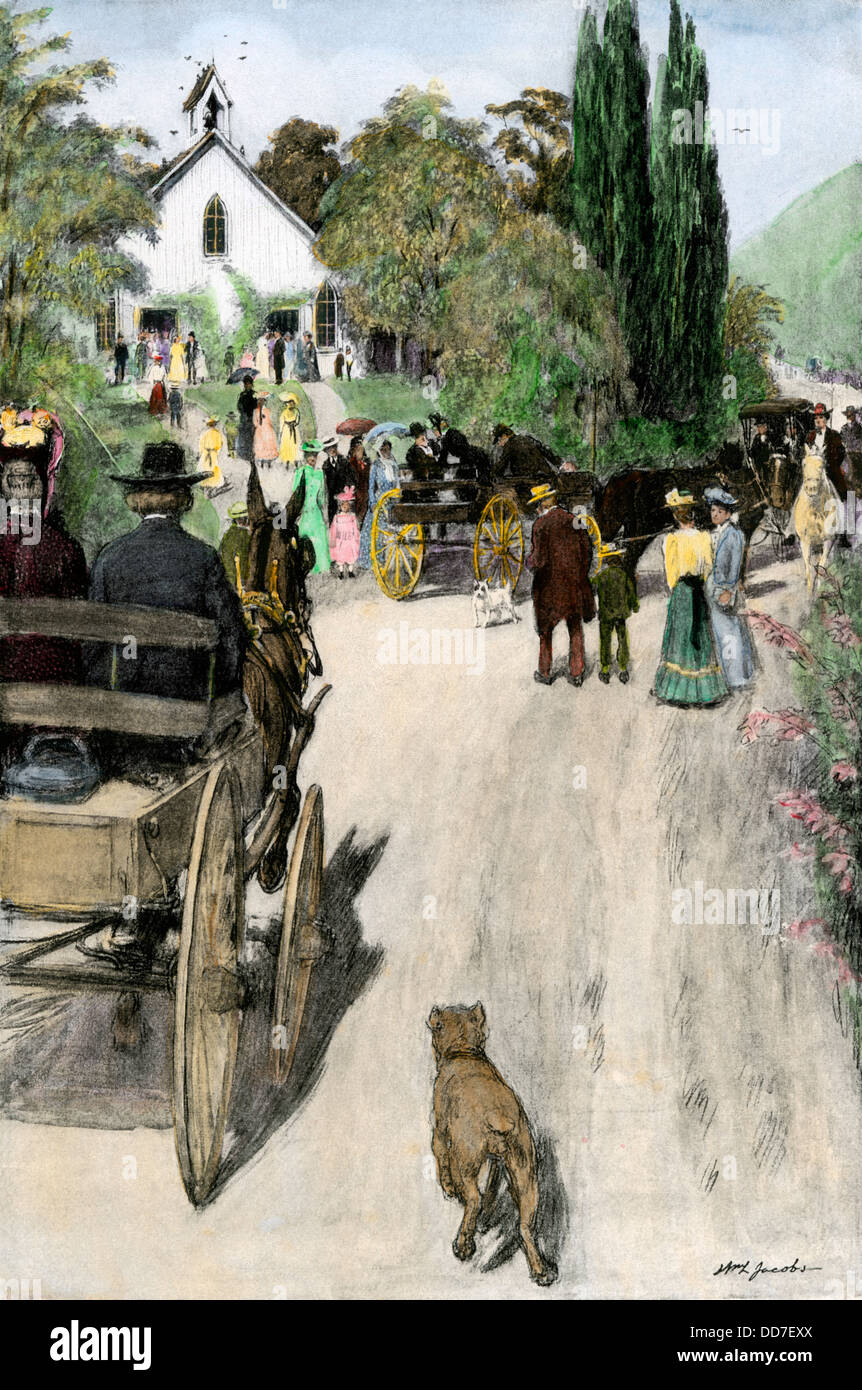 Persone che arrivano in un paese in chiesa per il servizio domenicale, 1800s. Colorate a mano riproduzione dei mezzitoni di illustrazione. Foto Stock