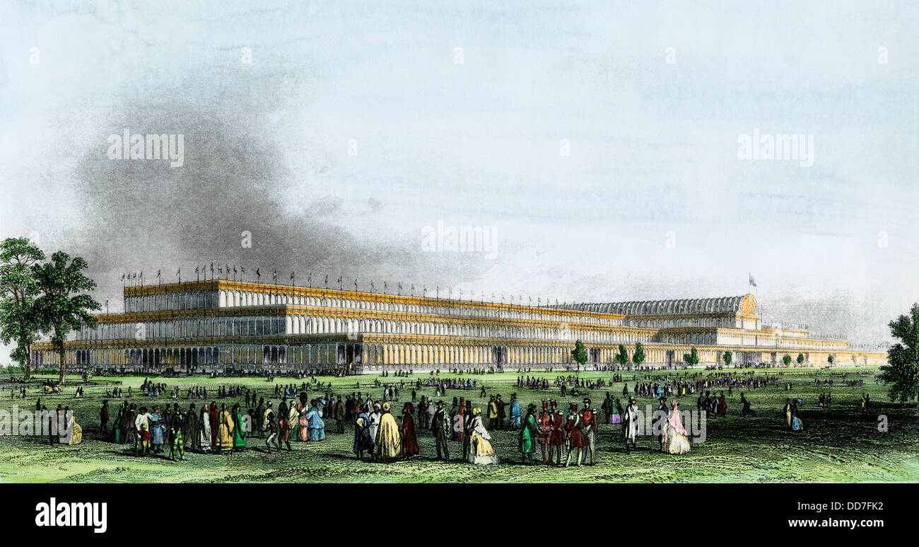London Crystal Palace, costruito per la grande esposizione industriale, 1851. Colorate a mano l'incisione Foto Stock