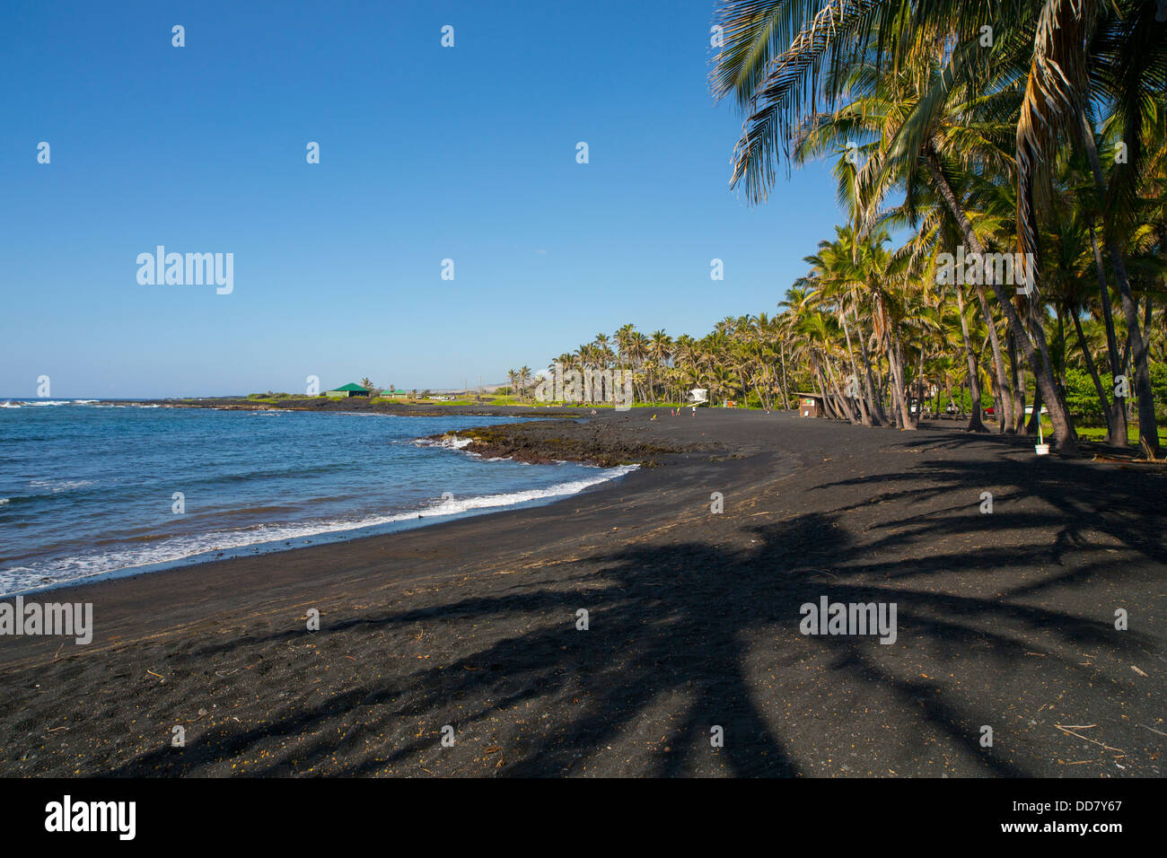Punaluu spiaggia di sabbia nera, isola di Hawaii Foto Stock