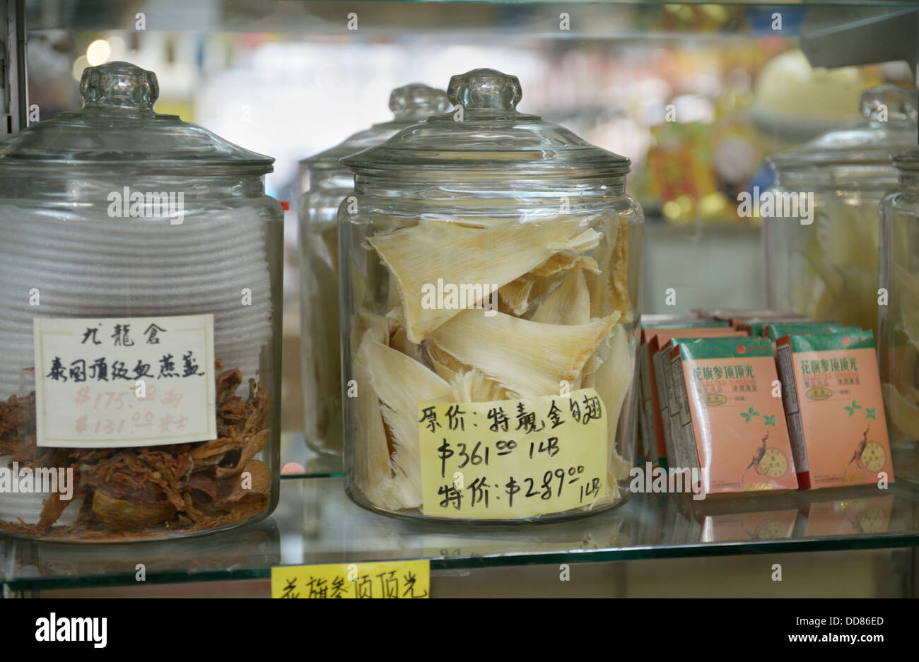 Essiccato di pinne di squalo in vendita in Chinatown, NY. Usato per rendere a pinna di squalo zuppa, considerato una prelibatezza per occasioni speciali. Foto Stock