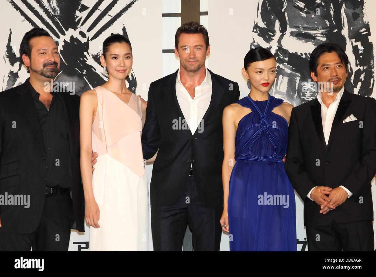 James Mangold, Tao Okamoto, Hugh Jackman, Rila Fukushima, Hiroyuki Sanada, 28 agosto 2013 : attore Hugh Jackman, attrice Rila Fukushima, Direttore James Mangold, attrice Tao Okamoto e attore Hiroyuki Sanada assistere "l'Wolverine" Il Giappone Premiere a Roppongi Hills il 28 agosto 2013 a Tokyo, Giappone Foto Stock