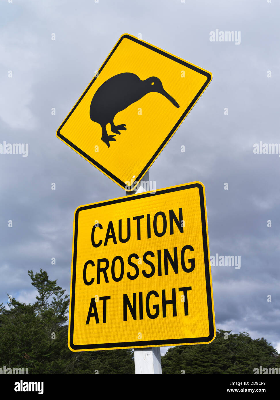 Dh del Parco nazionale di Tongariro Isola del nord della Nuova Zelanda Kiwi Attenzione attenzione cartello stradale Foto Stock