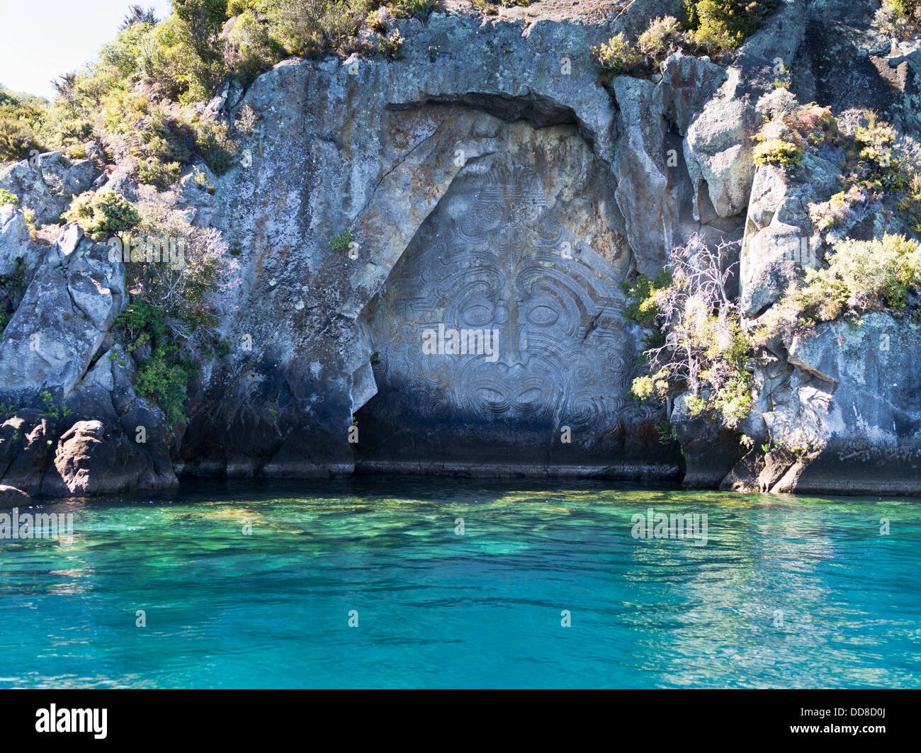 Dh Lake Taupo, Nuova Zelanda Maori carving rock Foto Stock