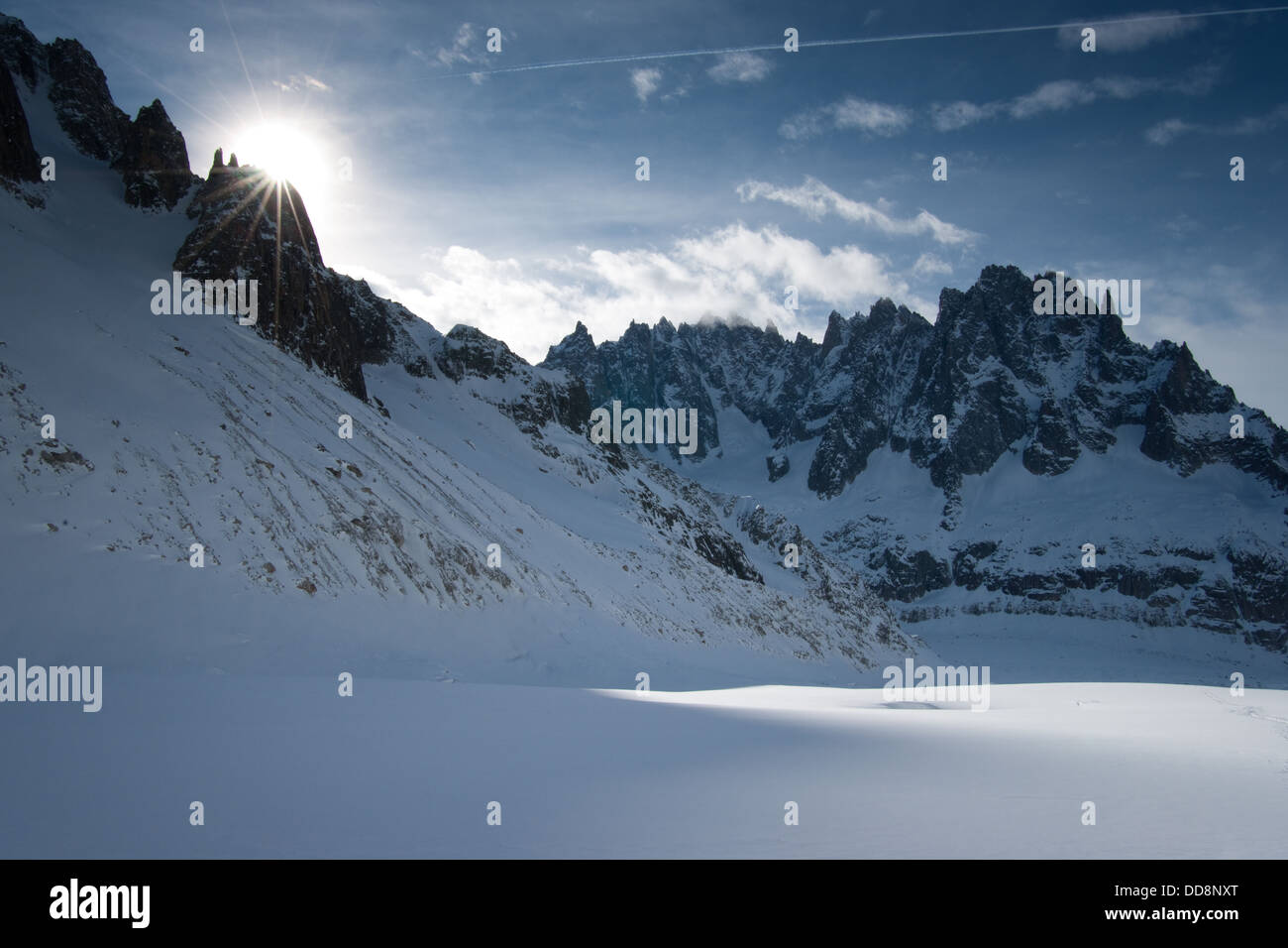 Le aiguilles de chamonix in inverno look, leschaux ghiacciaio, Chamonix Mont Blanc, RHONE ALPES. Francia. Foto Stock