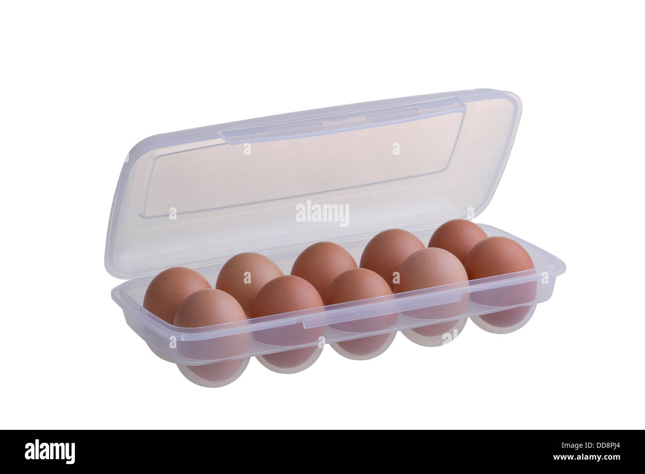 Uova in confezione di plastica isolati su sfondo bianco Foto Stock