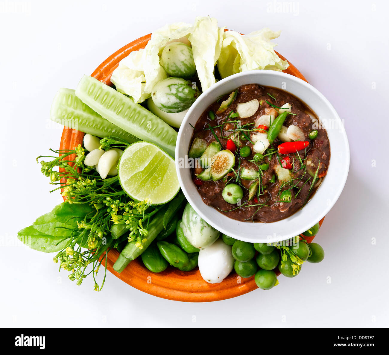 Cibo tailandese, gamberi pasta salsa piccante con verdure fresche Foto Stock
