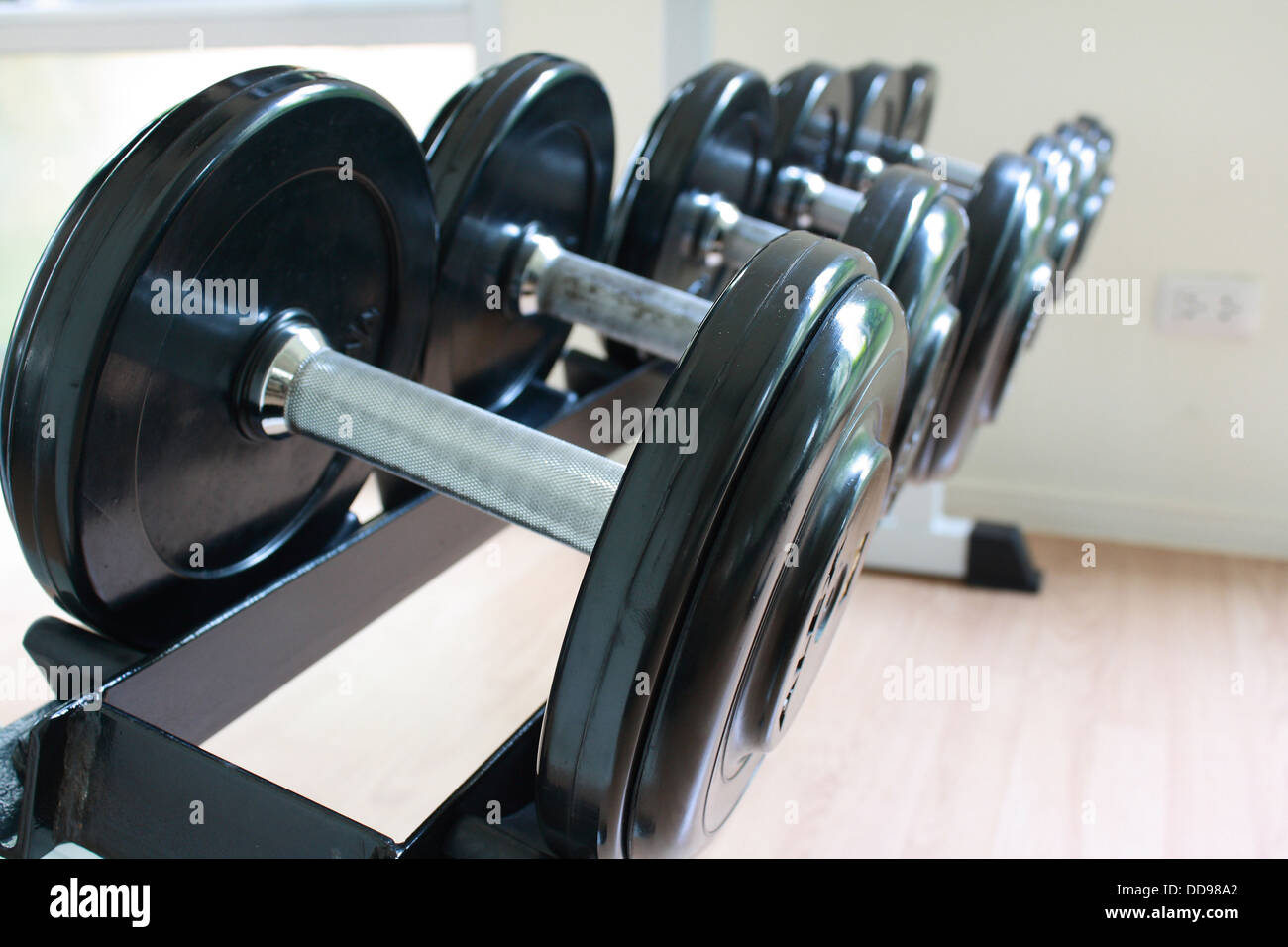Attrezzature(dumbbell) nella sala fitness hanno molte dimensioni dumbbell Foto Stock