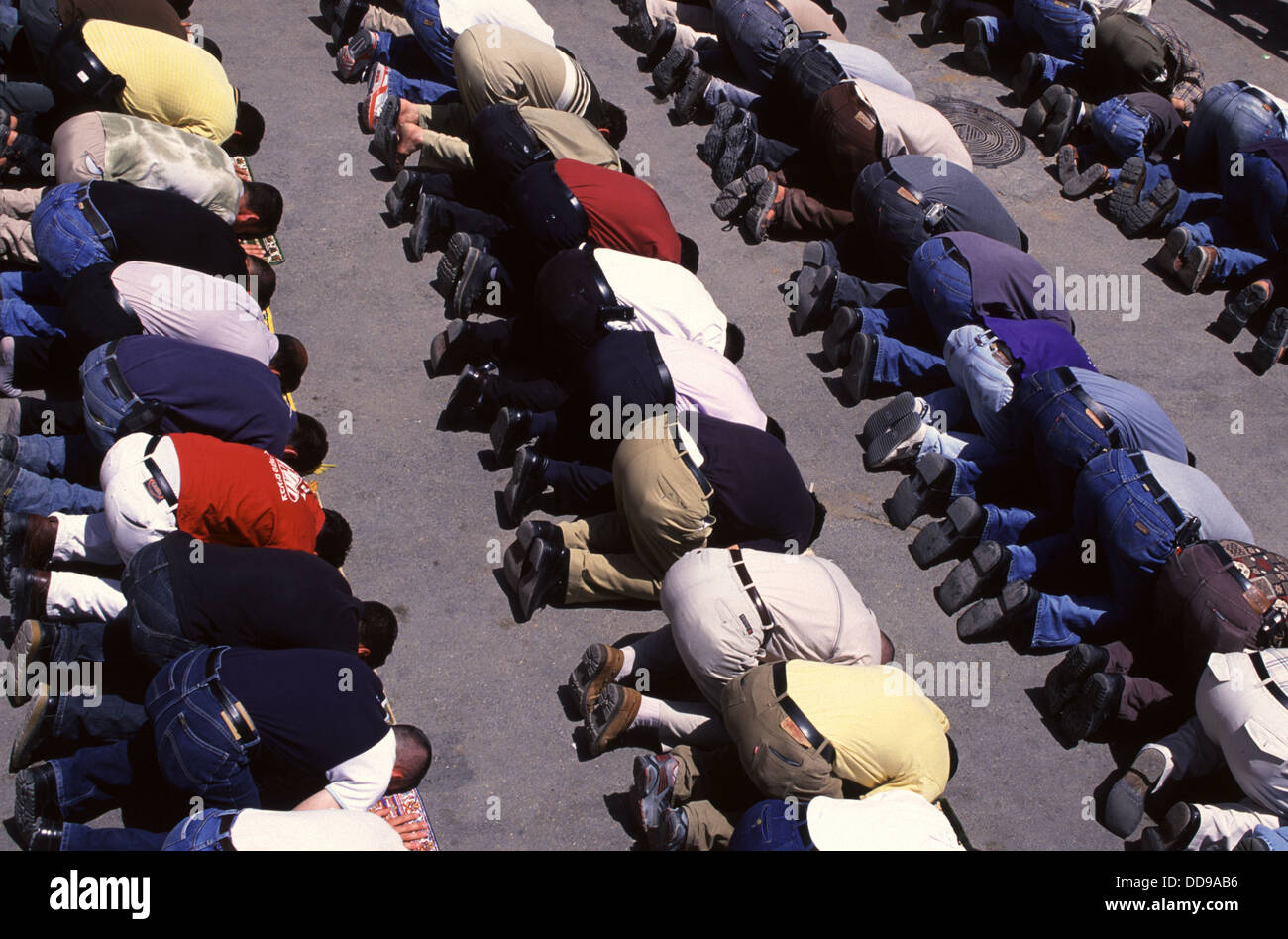 Gli uomini palestinesi si prostrano durante la preghiera di Salah nella Città Vecchia di Gerusalemme Israele Foto Stock