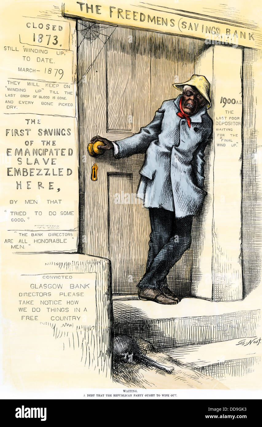 Ex schiavo in attesa per la promessa di liberti Banca Dell, 1870s. Colorate a mano la xilografia di Thomas Nast cartoon Foto Stock