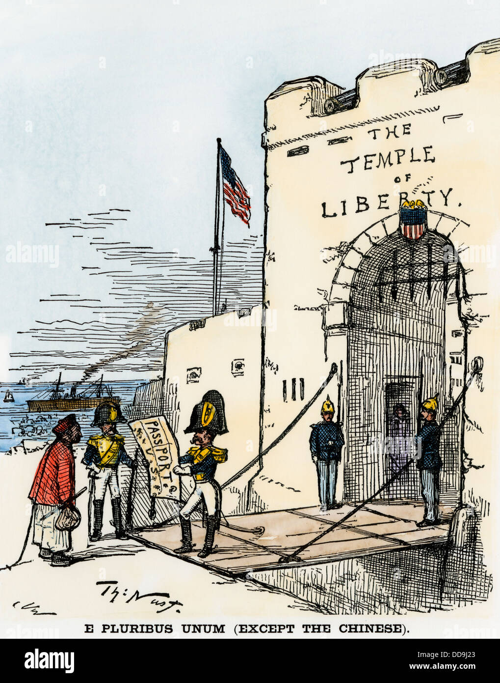"E pluribus unum (tranne i cinesi),' un cartoon ci di criticare la politica di immigrazione, 1880. Colorate a mano la xilografia di Thomas Nast cartoon Foto Stock "E pluribus unum (tranne i cinesi),' un cartoon ci di criticare la politica di immigrazione, 1880. Colorate a mano la xilografia di Thomas Nast cartoon Foto Stock