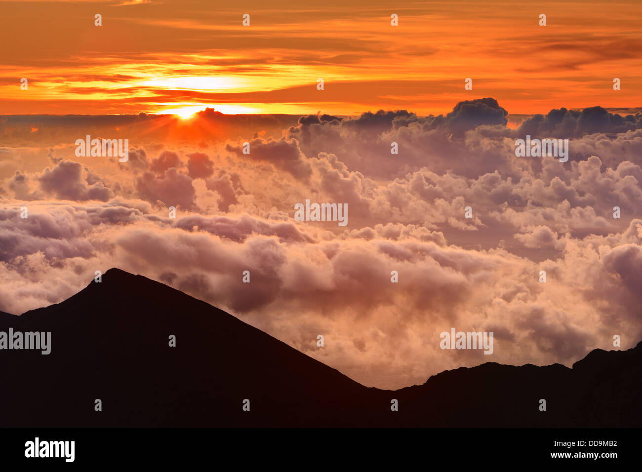 Il tramonto sopra le nuvole oltre tremila metri al Vulcano Haleakala, Maui, Hawaii Foto Stock