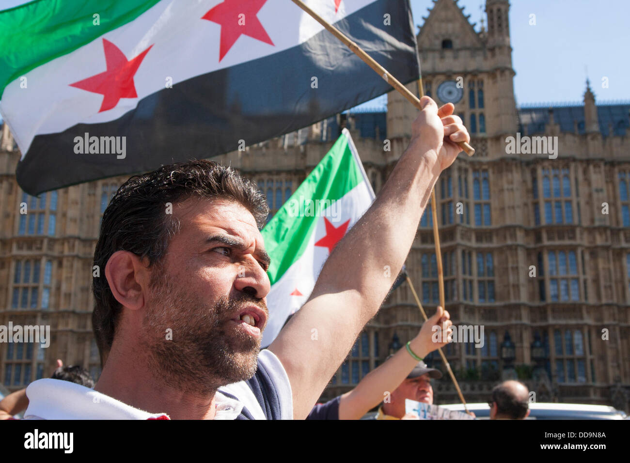 Londra, Regno Unito. Il 29 agosto, 2013. Un uomo tenere la sua bandiera durante una manifestazione di protesta al di fuori del Parlamento da UK-basato Aramei impegnativa azione contro il regime di Assad per armi chimiche aginst gli attacchi contro la popolazione civile. Credito: Paolo Davey/Alamy Live News Foto Stock