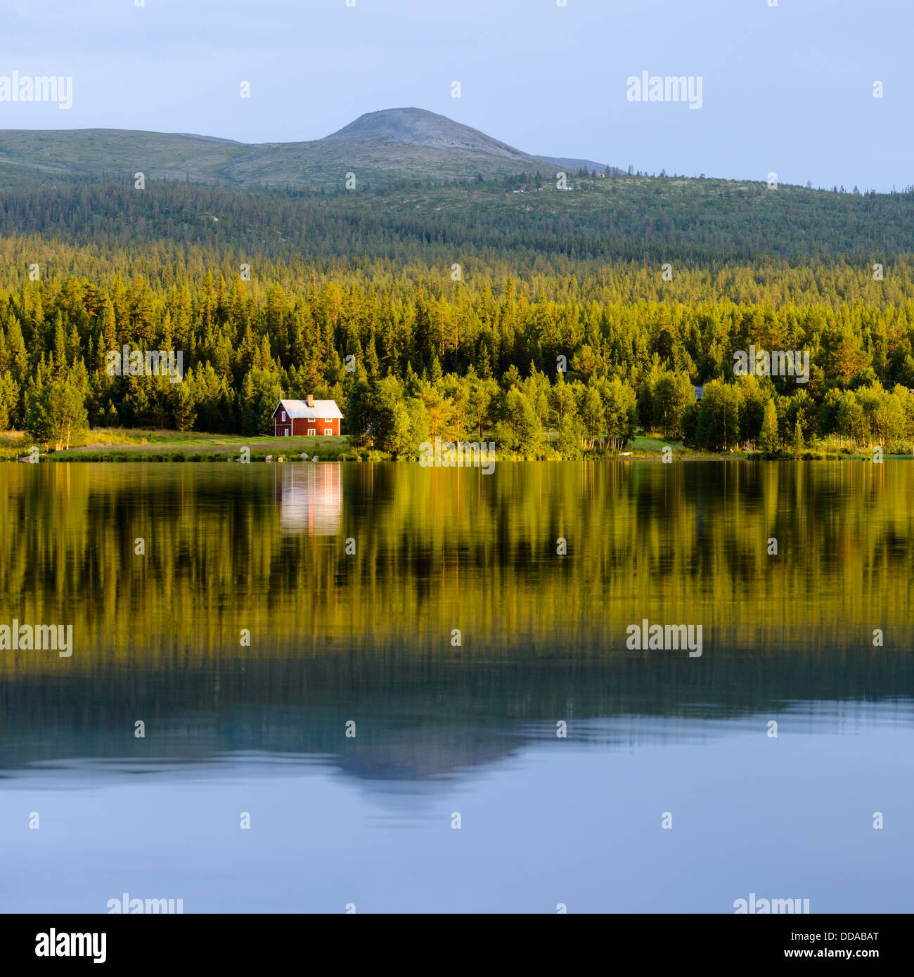 Casa e alberi sul lago, Lofsdalen, Härjedalen, Svezia Foto Stock