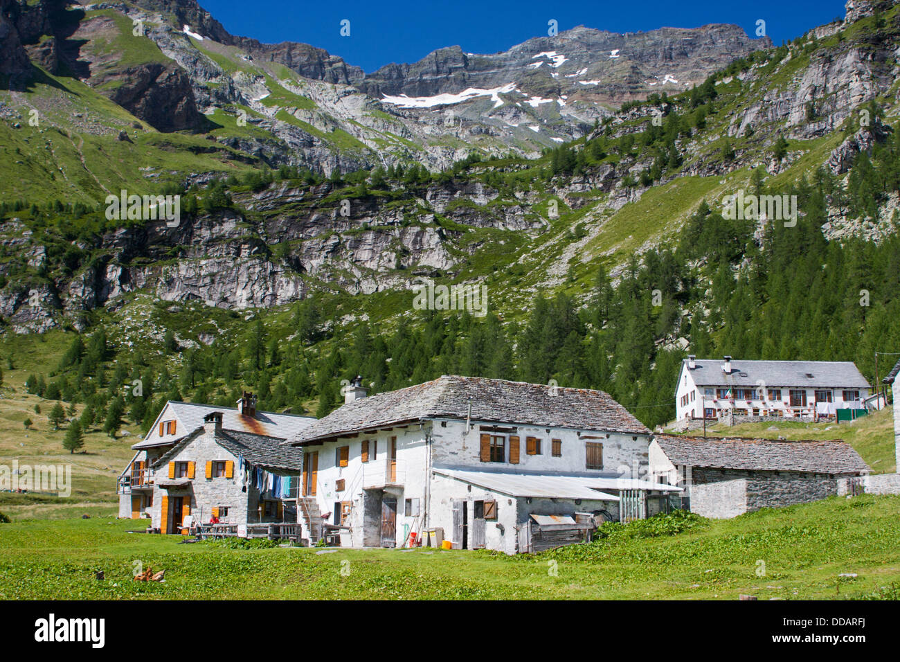 Piccolo villaggio con case bianche nelle Alpi Italiane Foto Stock