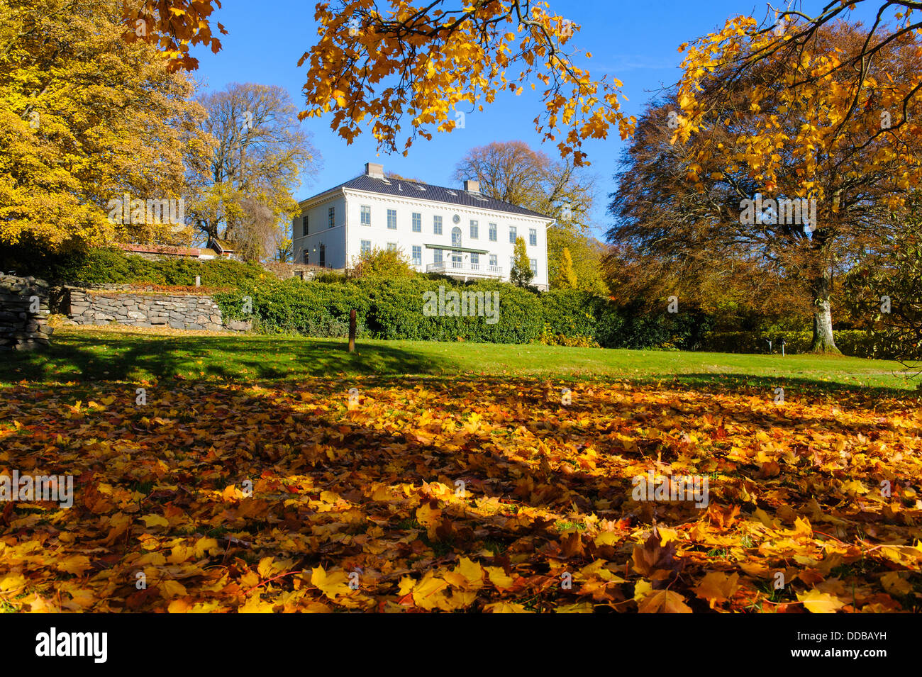 Edificio con alberi in autunno, Råda Säteri, Mölnlycke, Svezia Foto Stock