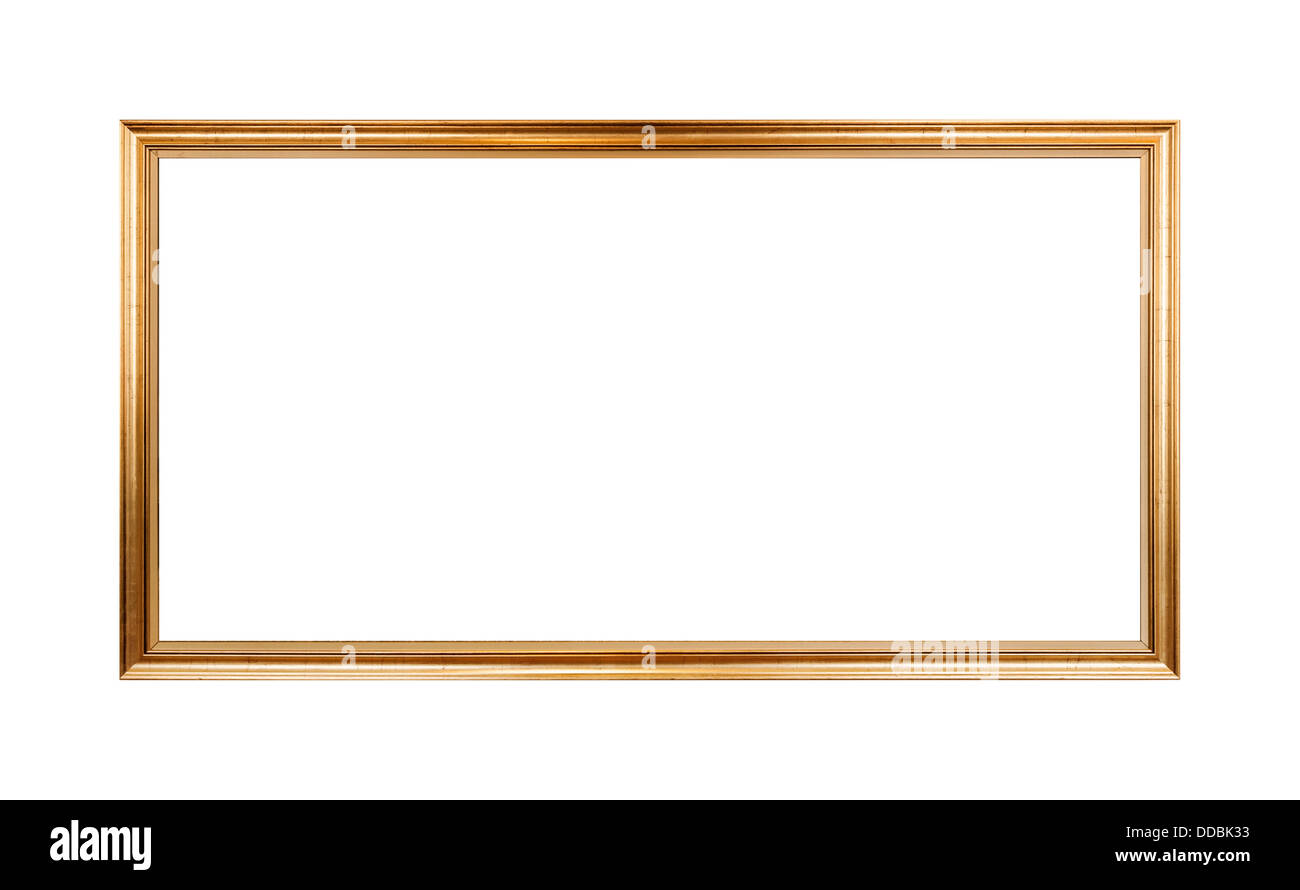 Vuoto orizzontale il telaio in legno verniciato con vernice dorata isolato su bianco Foto Stock