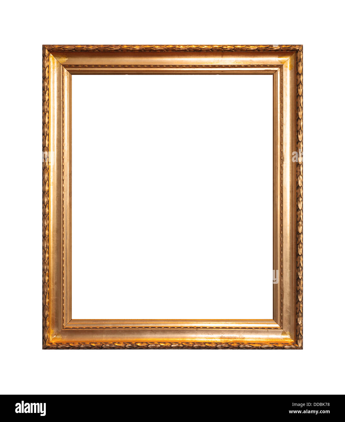 Svuotare il telaio in legno verniciato con vernice dorata isolato su bianco Foto Stock