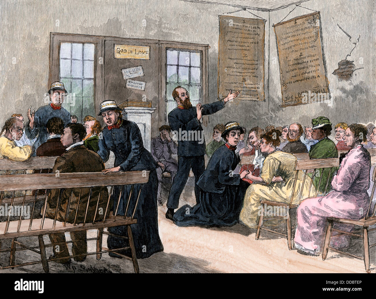 Esercito della salvezza la riunione dei membri di persone che hanno bisogno di aiuto, USA, 1880. Colorate a mano la xilografia Foto Stock