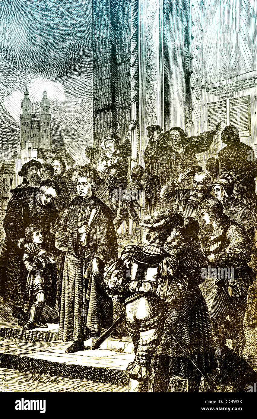 Martin Lutero la sua chiodatura 95 tesi sulla porta della chiesa del castello di Wittenberg, 1483-1546, un teologo tedesco e il reformer Foto Stock