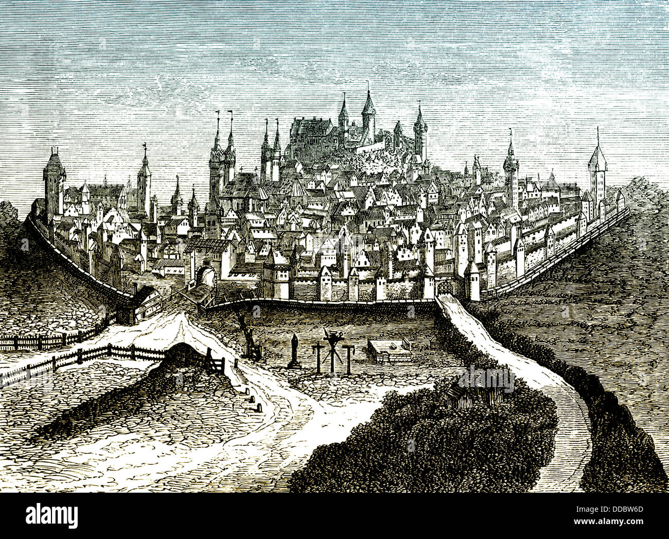 Paesaggio urbano storico di Norimberga, XVI secolo, Germania, Europa Foto Stock