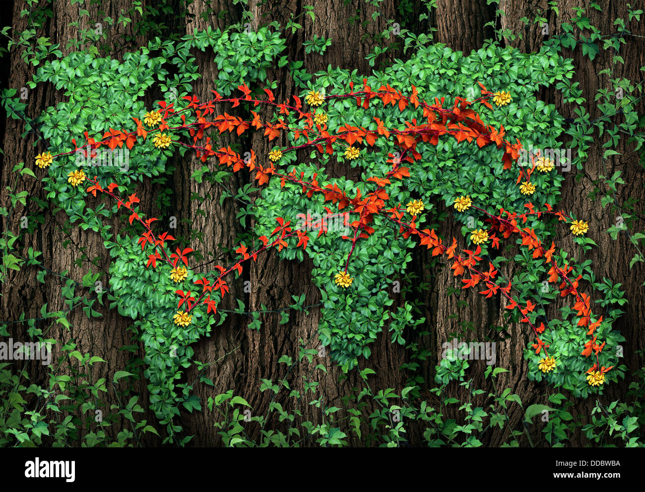I collegamenti di terra e le comunicazioni globali la concezione di business con un gruppo di vitigni rossi conformata come una rete connessa cresce su una vite verde a forma di mappa del mondo è attaccato ad una foresta di alberi. Foto Stock